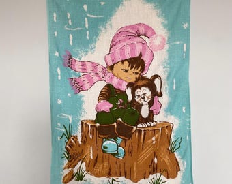 Vintage Old Bleach Mates Tea Towel winter child and dog design.