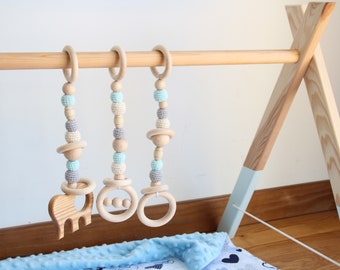 Baby gym with 3 gym toys / Made from locally grown ash tree / Toys are made from organic cotton yarn