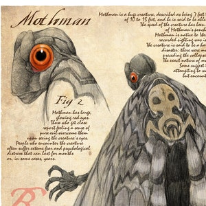 Puede incluir: Una ilustración detallada de Mothman, una gran criatura alada con ojos rojos brillantes. La ilustración está en blanco y negro con algunos acentos rojos. El texto "Mothman" está escrito en una fuente grande y decorativa en la parte superior de la imagen. El texto "Fig 2" está escrito en una fuente más pequeña debajo de la imagen. El texto "Bestiarum Vocabulum, Volume 2 - Being a Compendium of Mythic and Cryptozoological Creatures Plate 5: Mothman Plate courtesy of Rich Longmore, Boglebear Art" está escrito en una fuente más pequeña en la parte inferior de la imagen.