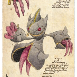 May include: A detailed illustration of a Banette Pokémon, a doll-like creature with a zipper for a mouth and button-like eyes. The illustration is in a vintage style with a beige background and handwritten text that reads "Banette is a doll-like creature possessed by pure hatred. The zipper in place of its mouth must be kept closed in order to protect the creature's life force. Banette has been driven to life by a powerful grudge, making this an incredibly dangerous foe."