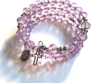 Lavender Glass Bead Rosary Bracelet: Silver Cross Wrap Bracelet