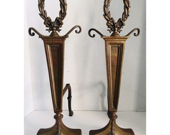 Antique Brass Fireplace Andirons Wheat Wreath Motif