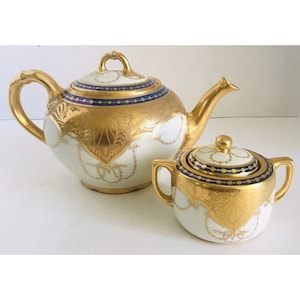 Vintage Osborne Schwarzburg Teapot & Nippon Sugar Bowl Hand Painted 22k Gold