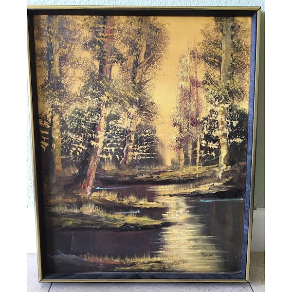 Original Vintage Walter Baum Oil on Canvas Autumn Landscape 17"x21"