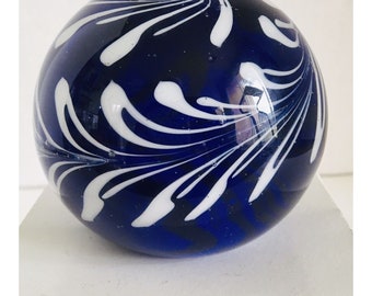 Handblown Colbalt Blue and White Swirl Art Glass Paperweight 3.5" Diameter