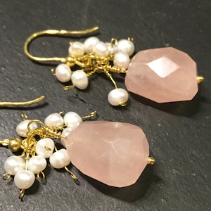 Bellini&gt;&gt;Rose Chalcedony Dangle Earrings, Freshwater pearl cluster, Gold Plated Sterling Silver Earrings, Handmade