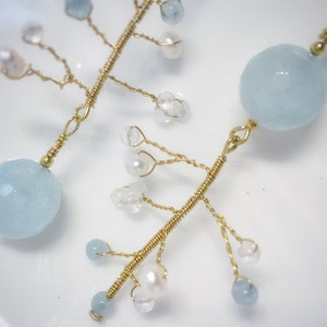 La Frescura&gt;&gt;Aquamarin-Quarz-Ohrringe mit Süßwasserperlen, Perlenranken, Symbol des Lebens, handgefertigte asymmetrische Ohrringe