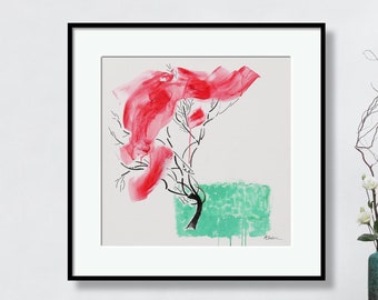 Print of ACRYLIC LANDSCAPE, 16x16 red tree print, red and black colors landscape, minimalist landscape, minimalist print, red and green