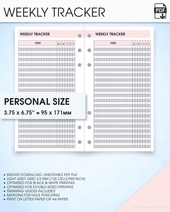Items similar to Weekly tracker filofax personal size planner inserts