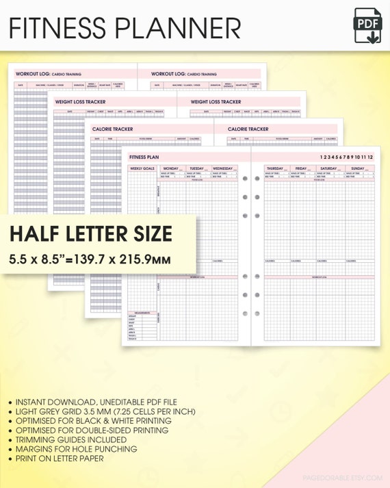 health fitness half size printable planner inserts wo2p v etsy