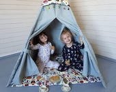 Teepee tent, kids teepee, kids teepee tent, gray teepee, gray teepee tent, playhouse, canvas teepee, teepee with pompoms, pompoms teepee