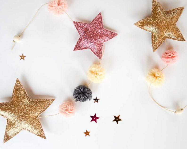 Star Garland Glitter Star Garland Pompom Star Garland Gold Etsy