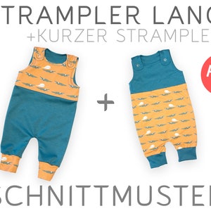 Könnte beinhalten: PDF-Schnittmuster für einen langen und kurzen Strampler. Das Muster hat eine teal- und orangefarbene Farbgebung mit einem weißen Vogel-Druck. Der Text "Strampler Lang + Kurzer Strampler Schnittmuster" ist sichtbar.