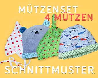 Mützenset Baby/Kind Nähen-  Zwergchenmütze, Bärenmütze, Knotenmütze, Wendebeanie - Schnittmuster & Nähanleitung - PDF Ebook