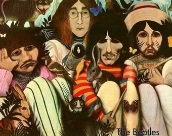 May include: A colorful album cover featuring four men with long hair, wearing colorful clothing and surrounded by animals and plants. The album title "The Beatles A Doll's House" is printed in black text at the bottom of the cover.