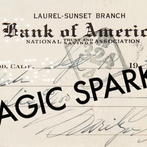 Puede incluir: Cheque vintage del Bank of America de 1957, con el texto "MAGIC SPARKY!" superpuesto. El cheque está emitido por $75.00 y firmado. El banco es la sucursal Laurel-Sunset en Hollywood, California.