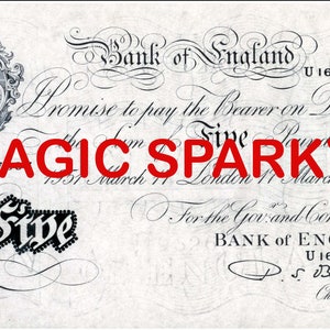 May include: A black and white image of a vintage five pound banknote from the Bank of England. The note features a portrait of a woman in a crown, the text "Five Pounds" and the date "17 March 1951".