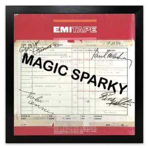 May include: A red EMITAPE reel-to-reel tape label with the title "MAGIC SPARKY" written in black marker. The label includes a handwritten track list, recording information, and signatures from George Harrison and Paul McCartney.