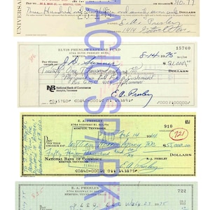 Puede incluir: Tres cheques antiguos escritos por Elvis Presley a diferentes beneficiarios. Los cheques son del National Bank of Commerce en Memphis, Tennessee. El primer cheque es por $ 21,000.00, el segundo es por $ 55,000.00 y el tercero es por $ 1,500.00.