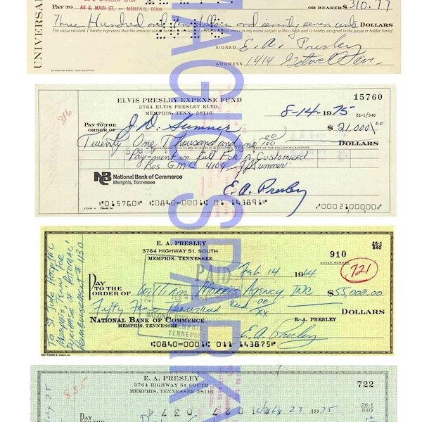 Elvis Presley 4 x Signed Check's Cheques 1977 1975 1964 1975 New Prints