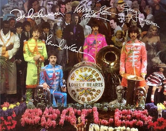 May include: The Beatles' Sgt. Pepper's Lonely Hearts Club Band album cover features a colorful collage of people, flowers, and musical instruments. The band members are dressed in elaborate military-style uniforms. The album title is prominently displayed on a large drum.