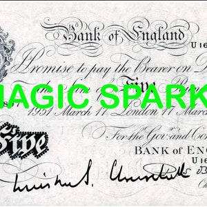 May include: A vintage Bank of England five pound note with the text "MAGIC SPARKY" printed on it. The note is dated 11 March 1951.