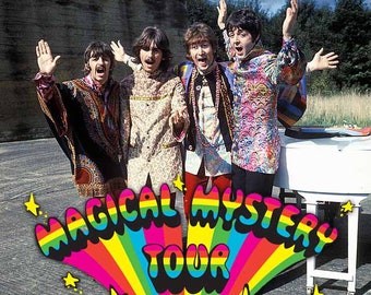 May include: The Beatles Magical Mystery Tour album cover featuring the band members in colorful clothing standing in front of a white piano with a rainbow and stars graphic in the foreground.