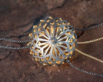 Two tone silver big sea urchin pendant necklace, long chain necklace, handcrafted sea jewelry, boho necklace, necklace gift for her