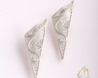 Silver filigree Spear stud earrings, handmade silver earrings, statement earrings, triangle earrings, modern Greek jewelry, gift for her
