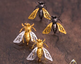 Bees sterling silver stud earrings, two tone earrings, handmade in Greece, nature jewelry, insect jewelry, gold earrings, woman jewelry chic