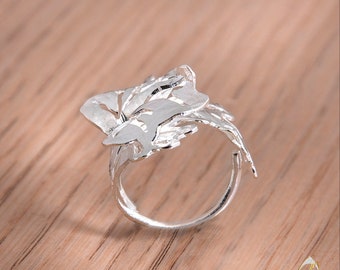 Anillo de hoja de roble de plata hecho a mano, banda ajustable de naturaleza