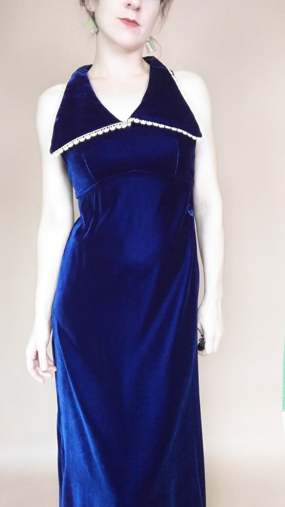 1970's Velvet Blue Collared Maxi Dress
