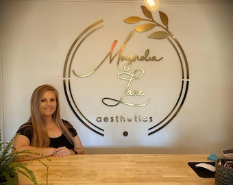 3D Logo Laser Cut Small Business Sign - Wall Mounted - Shiny Plastic - Natural Wood - Cut Logo Sign for Office Wall Decor - Made in US Sign