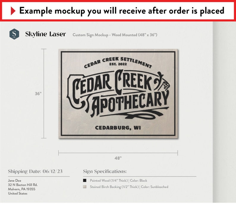 Puede incluir: Una maqueta de un letrero de madera personalizado con el texto "Cedar Creek Apothecary" en letras negras sobre un fondo de madera claro. El letrero mide 122 cm de ancho por 91 cm de alto y est&aacute; montado sobre un respaldo de madera. El letrero es una maqueta de letrero personalizado para un negocio llamado "Cedar Creek Apothecary".