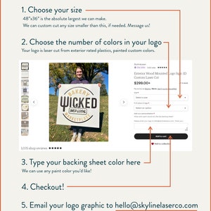 Puede incluir: Instrucciones para pedir un letrero de logotipo de madera para exteriores personalizado cortado con l&aacute;ser. El letrero mide 122 cm por 91 cm y se puede personalizar a cualquier tama&ntilde;o m&aacute;s peque&ntilde;o. El letrero est&aacute; hecho de pl&aacute;sticos resistentes a la intemperie y pintado en colores personalizados. El letrero tiene el texto "BAKERY WICKED SHOP LOCAL MARKETPLACE".