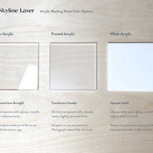 Op de afbeelding: Drie acrylaat achterwandplaat samples voor lasergraveren. De samples zijn gelabeld met "Helder Acrylaat", "Gematteerd Acrylaat" en "Wit Acrylaat". Elk sample heeft een beschrijving van de transparantie en afwerking.