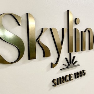 May include: A three-dimensional wall sign featuring the word Skyline in metallic gold lettering with black edges. Below the word is a small sun icon and the text SINCE 1995 in matching gold and black. The letters are mounted to a plain white surface.