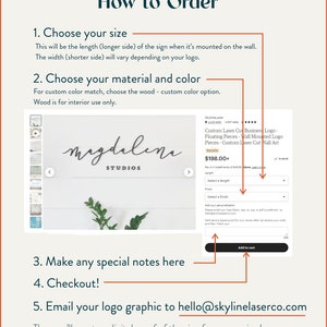 May include: An instructional graphic titled How to Order for a custom laser cut business logo. It outlines five steps including choosing size, material, and color, adding notes, checking out, and emailing a logo file to hello@skylinelasersco.com.