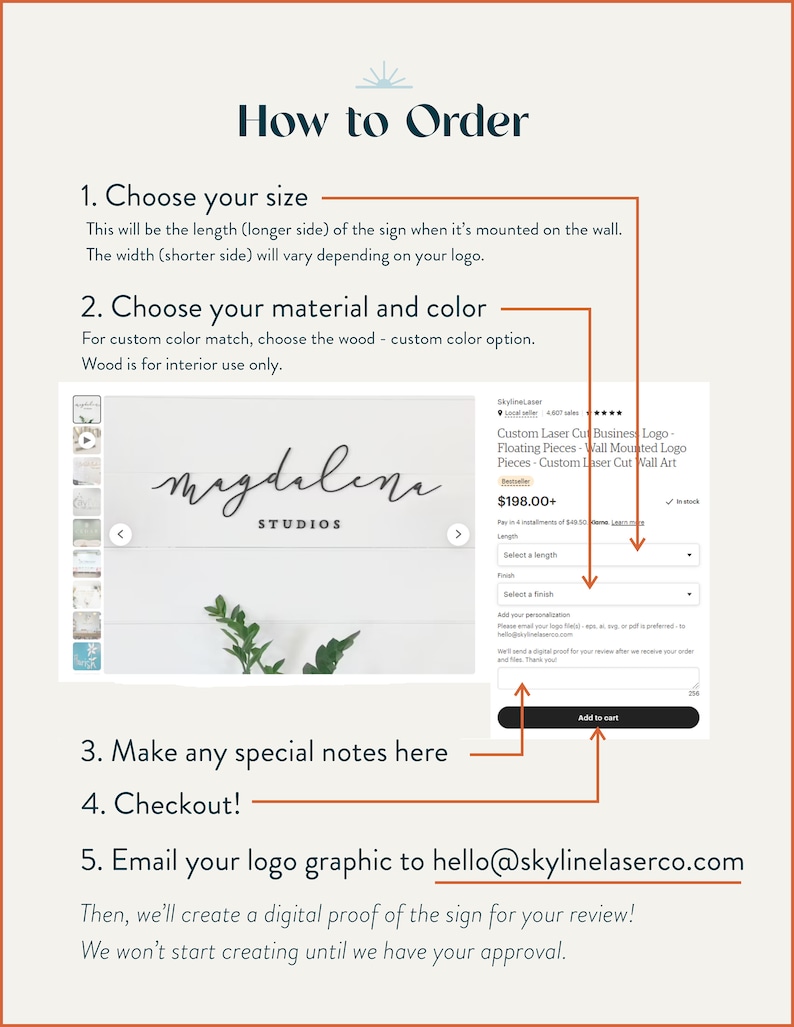 May include: An instructional graphic titled How to Order for a custom laser cut business logo. It outlines five steps including choosing size, material, and color, adding notes, checking out, and emailing a logo file to hello@skylinelasersco.com.