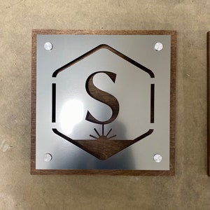 Faux Metal Laser Cut Logo Sign - Brushed Plastic Laser Cut Stacked on Wood - Interior Use Business Door Sign - Unique Metal Look