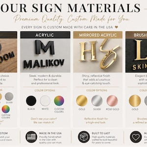 May include: An informational chart titled OUR SIGN MATERIALS displaying four categories: Wood, Acrylic, Mirrored Acrylic, and Brushed Metal. Each section features sample lettering, color swatches, and descriptive text regarding material finishes.