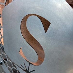 May include: A close-up of a metal sign with a cut-out letter "S". The sign is made of brushed metal and has a honeycomb pattern in the background.