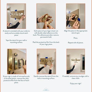 May include: An instructional infographic titled Mounting Instructions and Important to note, featuring six step-by-step photographs demonstrating how to install gold-colored laser-cut logo lettering using a paper stencil and adhesive backing.