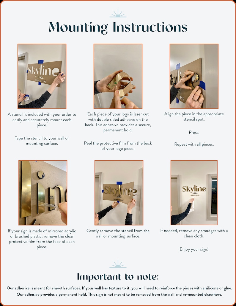 May include: An instructional infographic titled Mounting Instructions and Important to note, featuring six step-by-step photographs demonstrating how to install gold-colored laser-cut logo lettering using a paper stencil and adhesive backing.