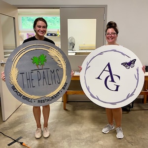 Circular Wood Mounted Logo Sign - Custom Laser Cut Logo Sign with Raised 3D Design - Interior Use Only - Stained Wood Business Sign