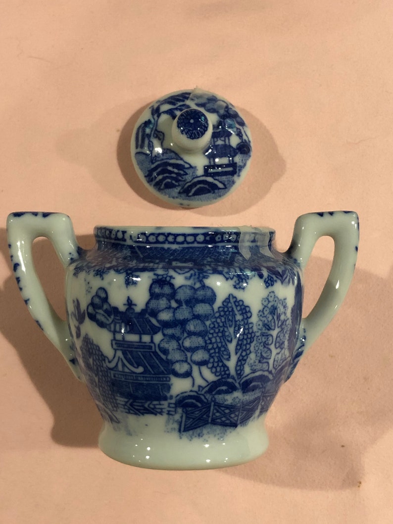 Blue and White Toy Size Tea Pot and Sugar Bowl Made in Japan