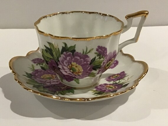 Salisbury Eventide Bone China Cup and Saucer Ruffled Top with Purple Flowers Teacup and Saucer Lavender Flower Cup and Saucer