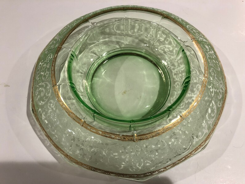 Etched Green Depression Glass Console Bowl With Rolled Rim Etsy