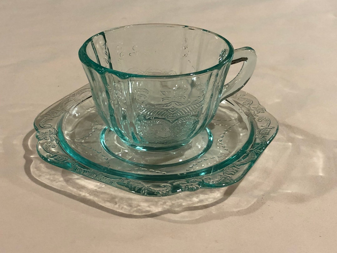 Green Depression Glass Cup and Saucer, Madrid Pattern Etsy