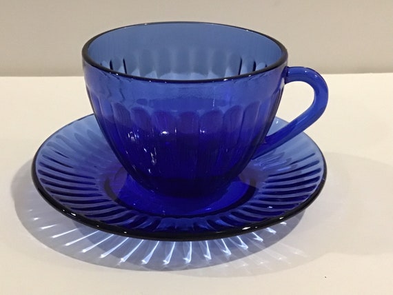 Set of Vintage Blue Ribbed Glass Tea Cup and Saucer Made in Brazil 